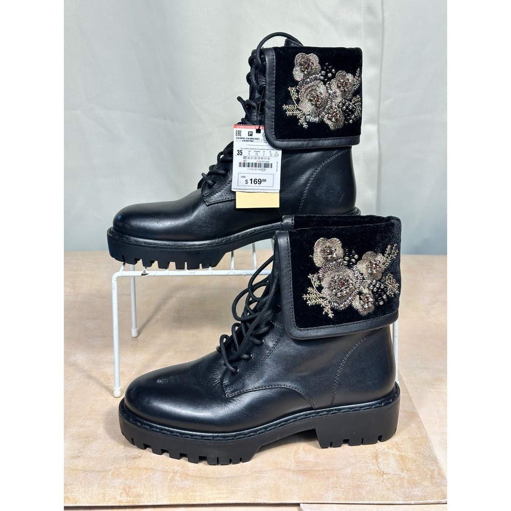 Zara Woman Black Leather Beaded Floral Velvet Ankle Combat Boots 5158/301/040 35